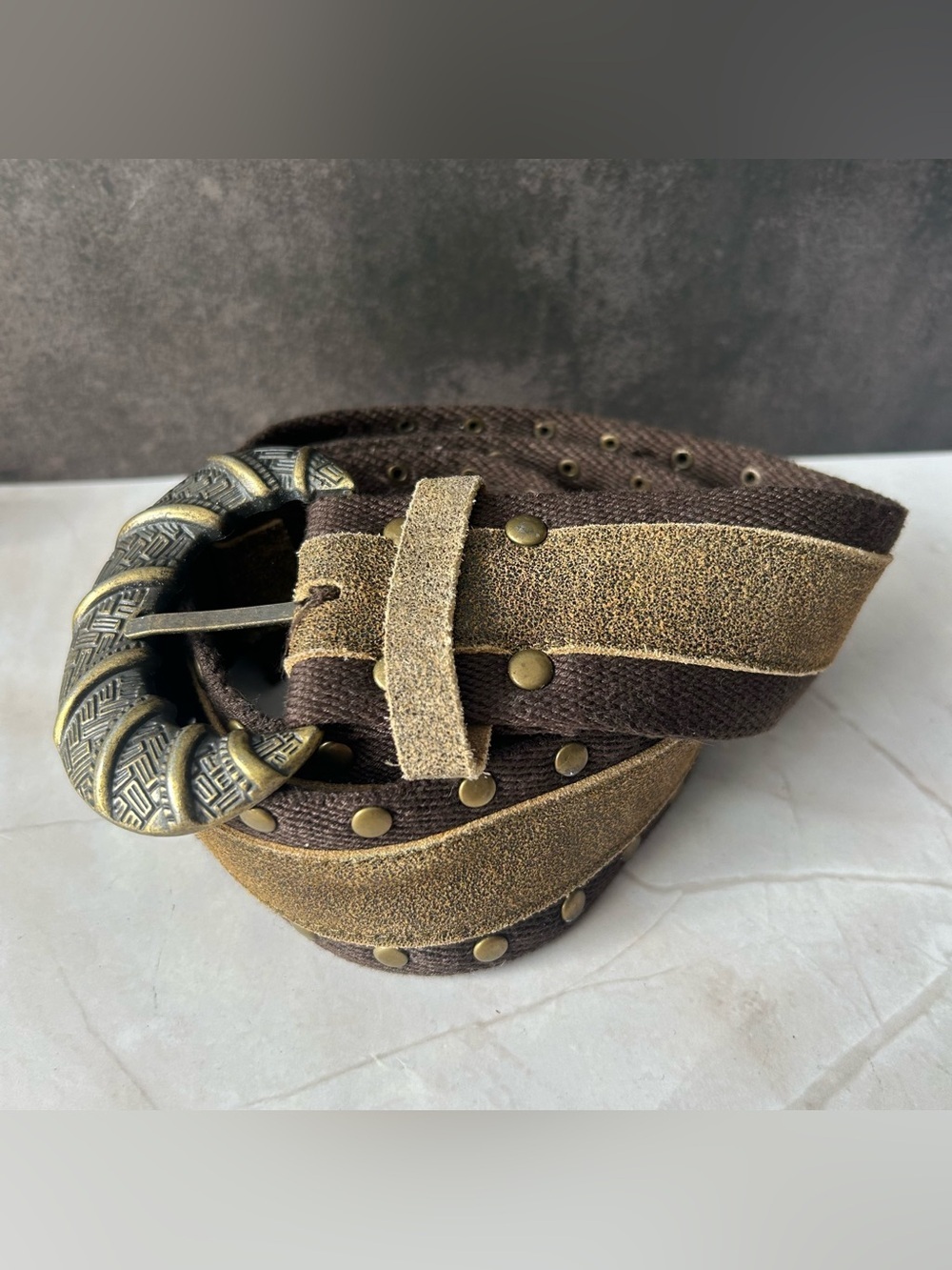 Vintage Brown Suede-Trim Belt with Antique Tone Brass Buckle and Accents